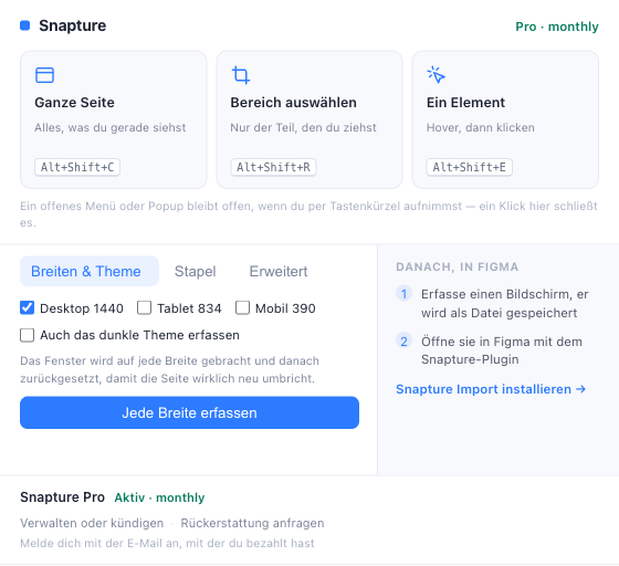 Das Snapture-Popup mit dem Abschnitt Snapture Pro und darunter den Links Verwalten oder kündigen und Rückerstattung anfragen.