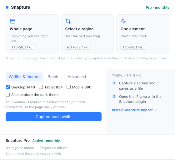 The Snapture popup, showing the Snapture Pro section with a Manage or cancel link and a Request a refund link underneath it.