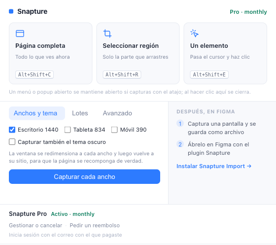 El popup de Snapture, con la sección Snapture Pro y debajo los enlaces Gestionar o cancelar y Pedir un reembolso.