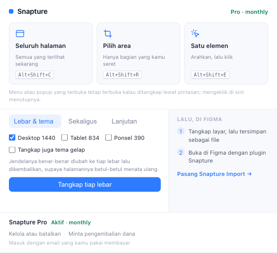 Popup Snapture, dengan bagian Snapture Pro dan di bawahnya tautan Kelola atau batalkan serta Minta pengembalian dana.