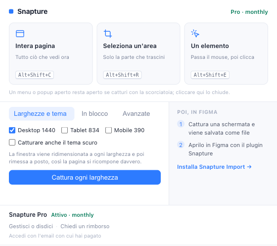 Il popup di Snapture, con la sezione Snapture Pro e sotto i link Gestisci o disdici e Chiedi un rimborso.
